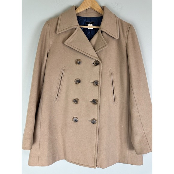 J Crew Wool Blend Double Breasted Peacoat Thinsulate Lining Tan M Neutral Mature - Picture 1 of 7